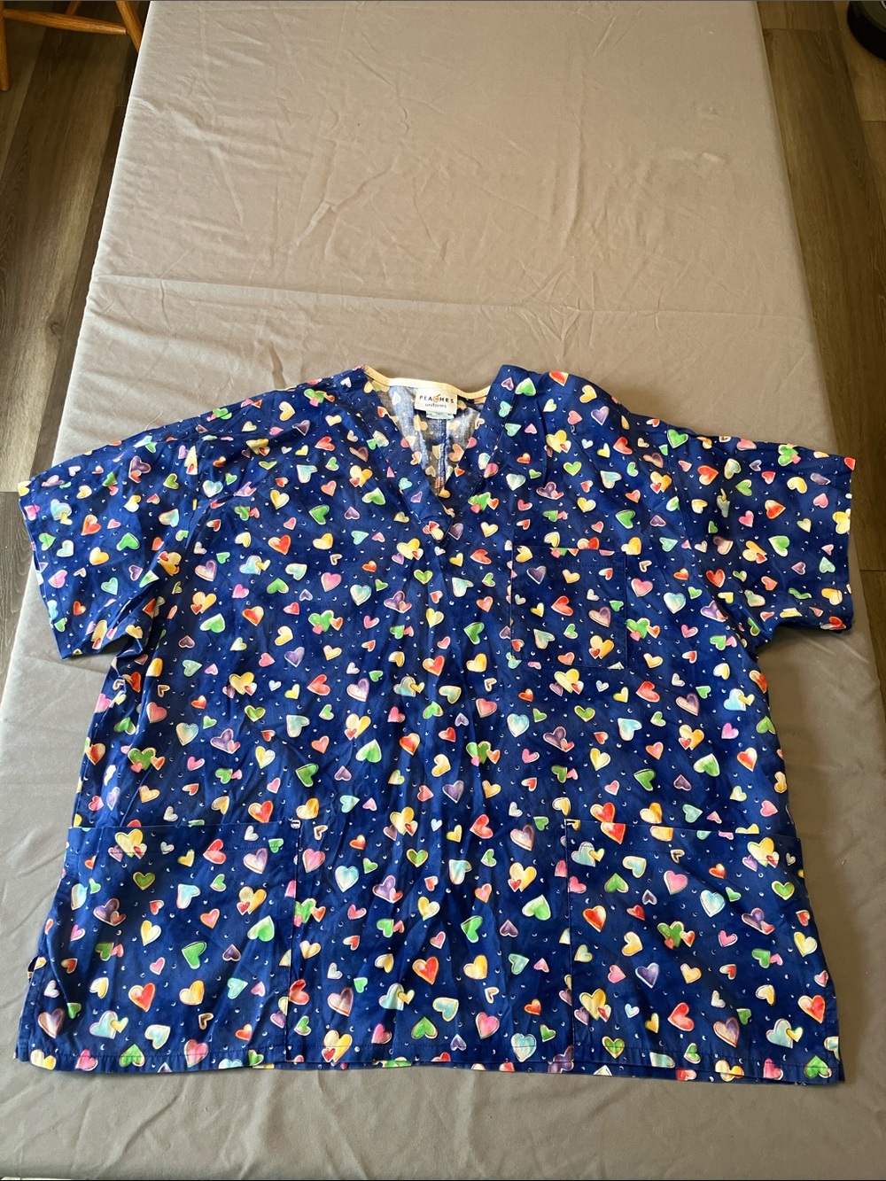 Peaches Uniforms Blue Scrub Top with Peach and Cream Hearts